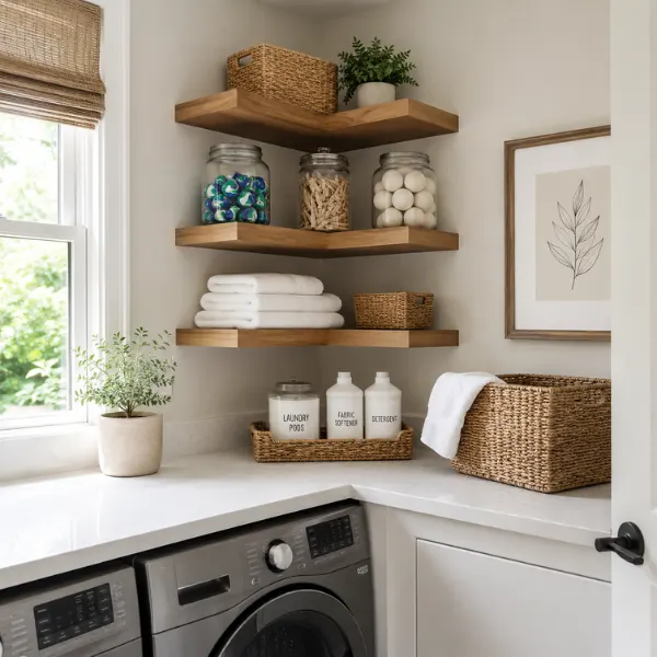 Corner Floating Shelves Styled to Glow the Corner Floating Shelves