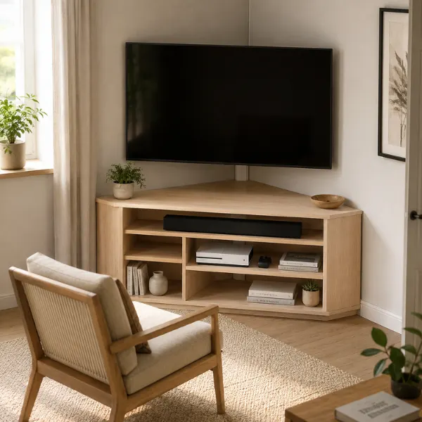 Corner Triangular TV Stand with Asymmetric Shelves Styled to Glow the Corner Triangular TV Stand with Asymmetric Shelves