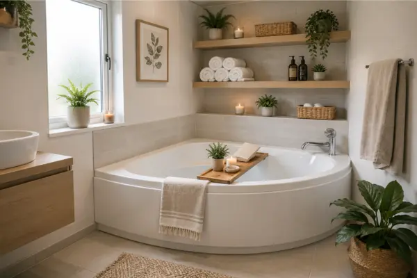 Corner Tub With Built In Shelving Styled to Glow the Corner Tub With Built In Shelving