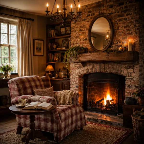 Cozy Brick Fireplace Nook with Vintage Chandelier 1 Styled to Glow the Cozy Brick Fireplace Nook with Vintage Chandelier 1