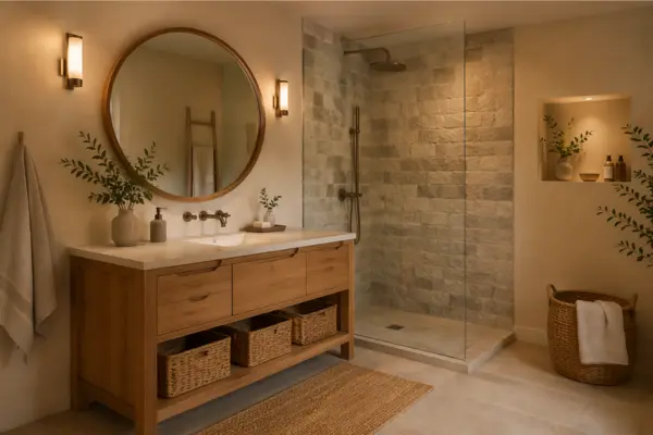 the Cozy Natural Bathroom With Wood and Stone Details