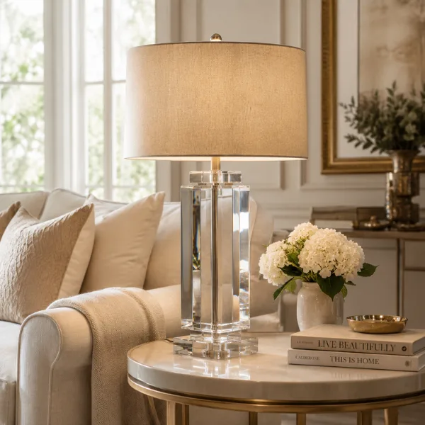 the Crystal Base Linen Drum Shade Table Lamp