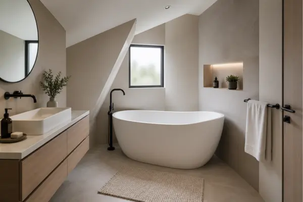 Curved Edge Tub in Angular Bathroom Styled to Glow the Curved Edge Tub in Angular Bathroom