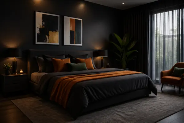 the Dark Bedroom with Accent Colors