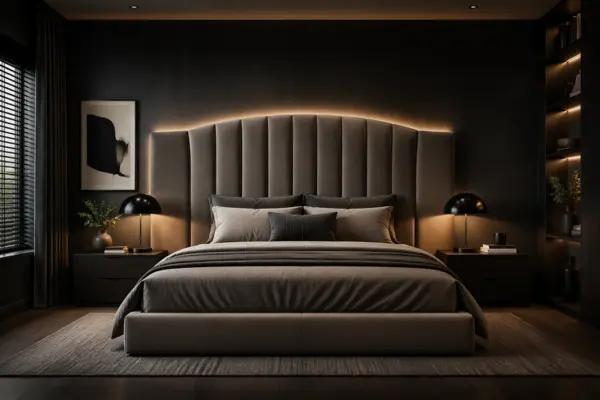 the Dark Bedroom with Statement Headboard