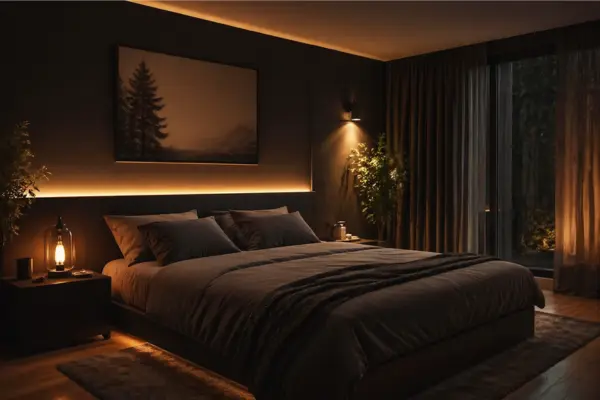 the Dark Bedroom with Warm Ambient Lighting