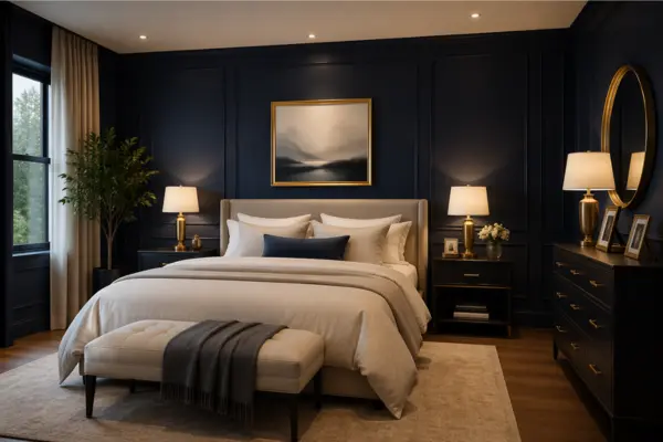 the Dark Blue Bedroom with Gold Accents