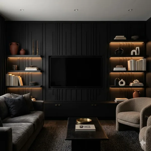 the Dark Drama All Black Paneled Wall with Backlit Floating Shelves