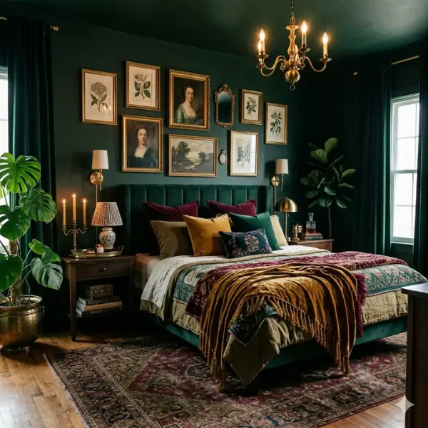 Dark Green Moody Maximalist Bedroom Styled to Glow the Dark Green Moody Maximalist Bedroom