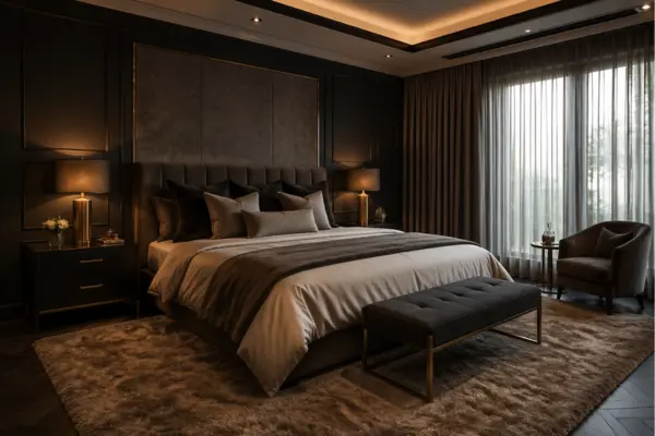 the Dark Luxury Bedroom with Soft Fabrics