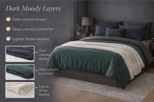 Dark Moody Layered Bedding Idea Styled to Glow the Dark Moody Layered Bedding Idea