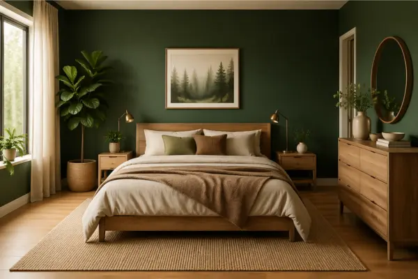the Deep Green Bedroom with Natural Wood