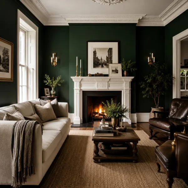 Deep Green Walls with White Trim Fireplace Styled to Glow Deep Green Walls with White Trim Fireplace