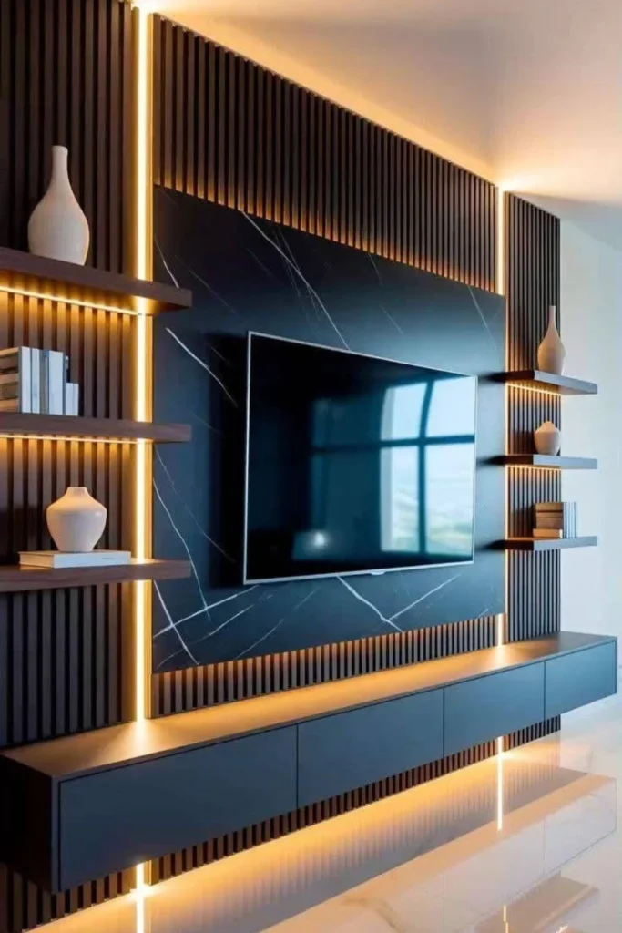 Deep Navy Accent Wall with Minimalist Floating Shelf and LED Strip Styled to Glow the Deep Navy Accent Wall with Minimalist Floating Shelf and LED Strip