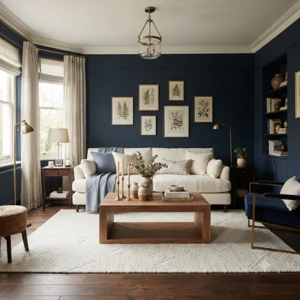 Deep Navy Blue Walls with a Cream Sofa Styled to Glow the Deep Navy Blue Walls with a Cream Sofa