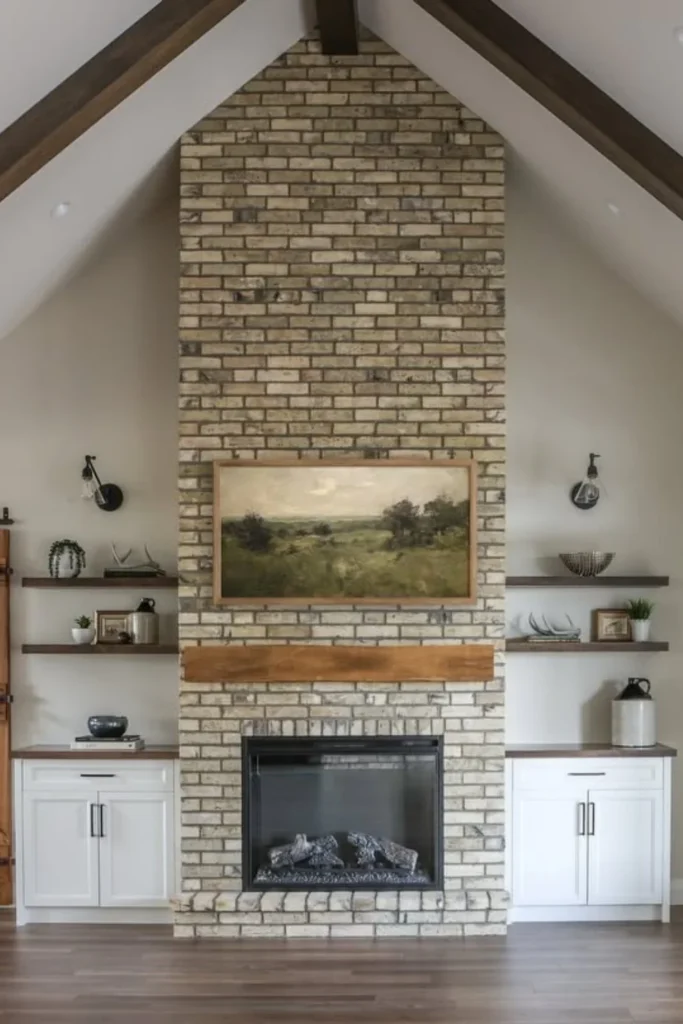 Distressed Brick Fireplace with Barn Beam Mantel Styled to Glow the Distressed Brick Fireplace with Barn Beam Mantel