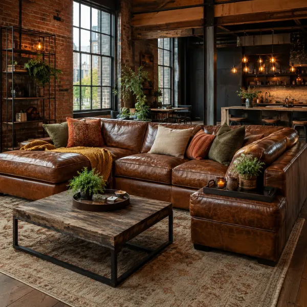 Distressed Cognac Leather Sectional Styled to Glow the Distressed Cognac Leather Sectional