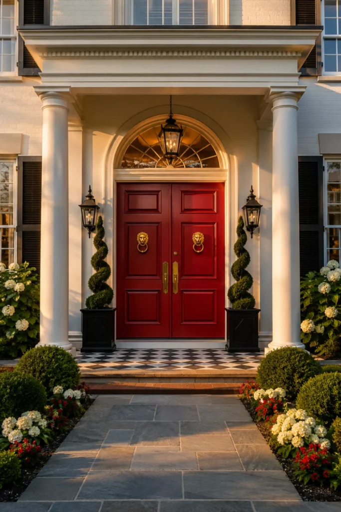 Double Red Doors with Brass Lion Knockers Styled to Glow the Double Red Doors with Brass Lion Knockers