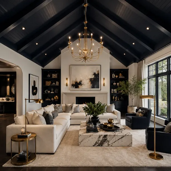 Dramatic Dark Painted Vaulted Ceiling Living Room Styled to Glow the Dramatic Dark Painted Vaulted Ceiling Living Room