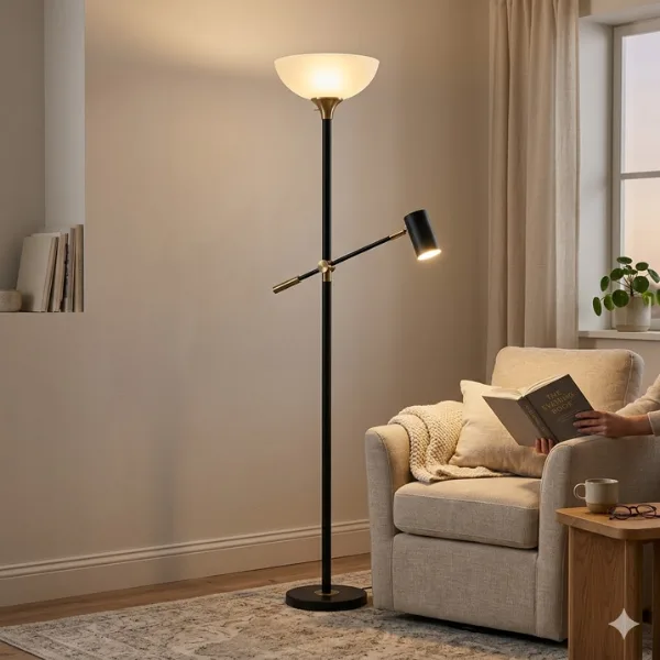 Dual Arm Reading and Torchiere Combo Floor Lamp Styled to Glow the Dual Arm Reading and Torchiere Combo Floor Lamp
