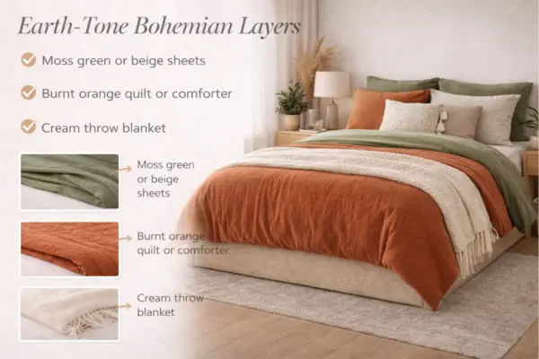 Earth Tone Bohemian Layered Bedding Idea Styled to Glow the Earth Tone Bohemian Layered Bedding Idea