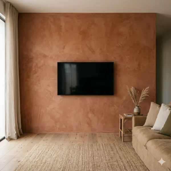the Earthy Terracotta Plaster Wall with Slim Mounted TV