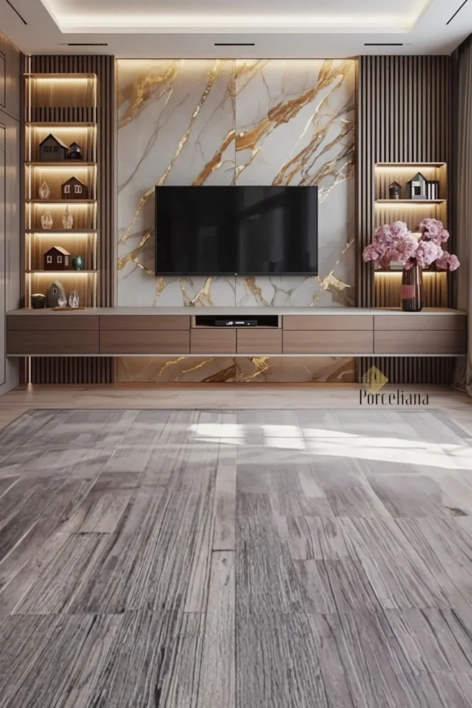 Eco Friendly Reclaimed Wood and Natural Stone Slab TV Feature Wall Styled to Glow the Eco Friendly Reclaimed Wood and Natural Stone Slab TV Feature Wall