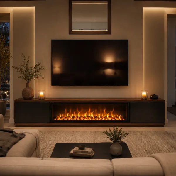 the Electric Fireplace TV Stand with 3D Flame Effect
