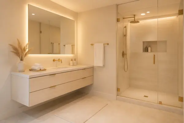 the Elegant Neutral Bathroom With Gold Accents