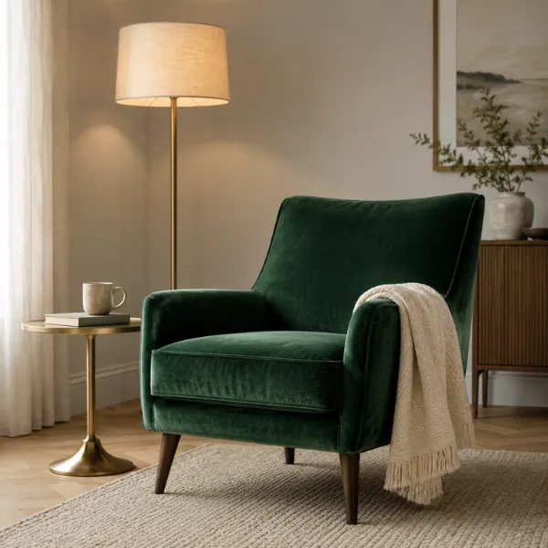 Emerald Green Velvet Armchair in a Neutral Room Styled to Glow Emerald Green Velvet Armchair in a Neutral Room