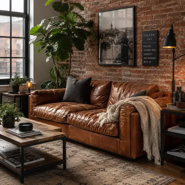 Exposed Brick Accent Wall with a Leather Sofa Styled to Glow the Exposed Brick Accent Wall with a Leather Sofa