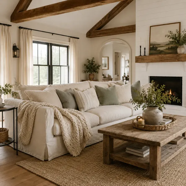 Exposed Ceiling Beams with a Linen Slipcovered Sofa Styled to Glow the Exposed Ceiling Beams with a Linen Slipcovered Sofa