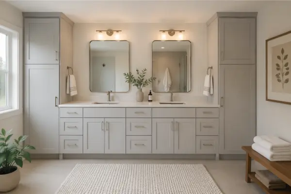 the Family Bathroom With a Double Vanity and Built In Storage