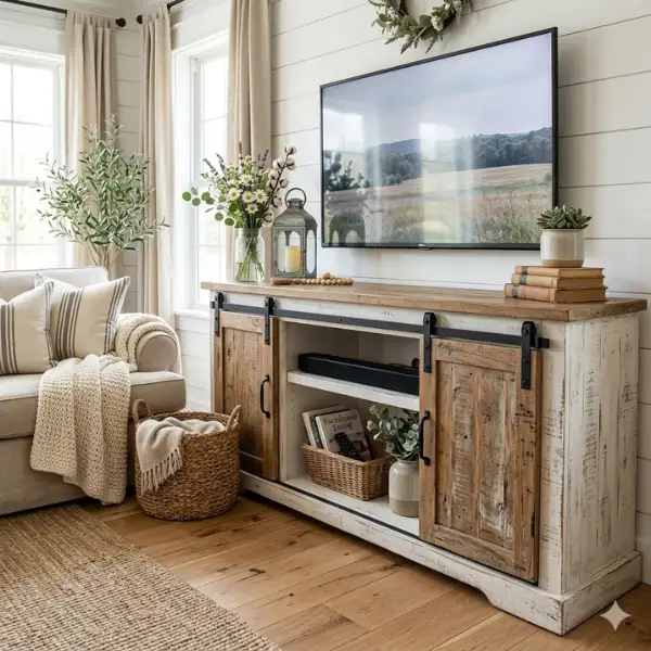 Farmhouse Barn Door Media Console Styled to Glow the Farmhouse Barn Door Media Console