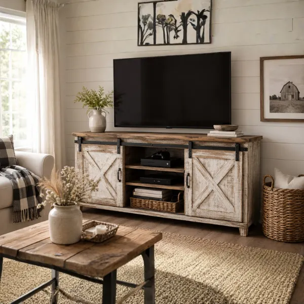 Farmhouse Barn Door TV Cabinet Styled to Glow the Farmhouse Barn Door TV Cabinet