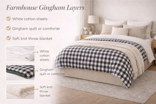 Farmhouse Gingham Layered Bedding Idea Styled to Glow the Farmhouse Gingham Layered Bedding Idea