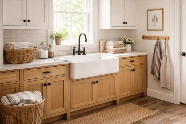 Farmhouse Laundry Room with Apron Front Sink Styled to Glow the Farmhouse Laundry Room with Apron Front Sink