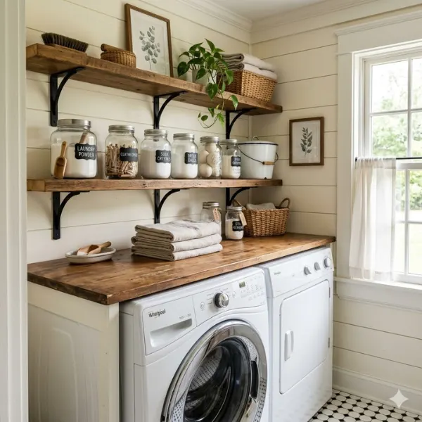 the Farmhouse Open Shelving with Mason Jars