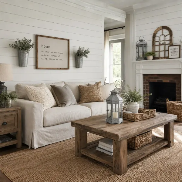 Farmhouse Shiplap Wall with Linen Sofa 1 Styled to Glow the Farmhouse Shiplap Wall with Linen Sofa 1