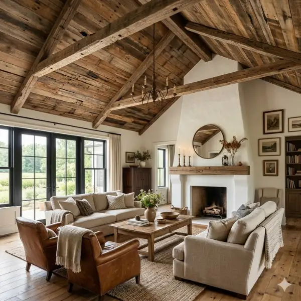 Farmhouse Vaulted Ceiling with Reclaimed Wood Panels Styled to Glow the Farmhouse Vaulted Ceiling with Reclaimed Wood Panels