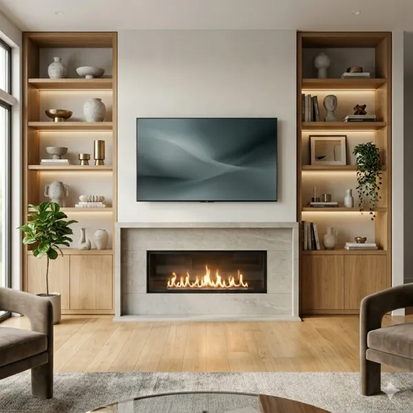 the Fireplace and TV Combo Wall with Symmetrical Built In Shelving