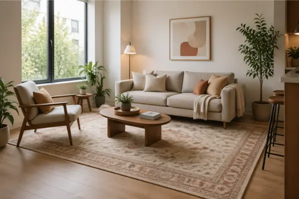 Float a Compact Sofa on a Properly Sized Rug Styled to Glow the Float a Compact Sofa on a Properly Sized Rug