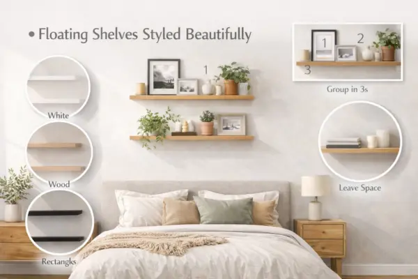 Floating Shelves Styled Beautifully on bedroom wall Styled to Glow the Floating Shelves Styled Beautifully on bedroom wall