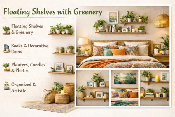 the Floating Shelves with Greenery Bedroom idea