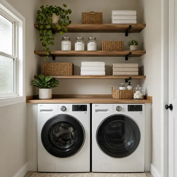 Floating Wall Shelves Above the Washer n Dryer Styled to Glow the Floating Wall Shelves Above the Washer n Dryer