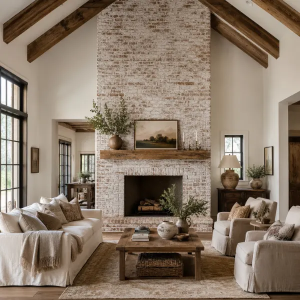 Floor to Ceiling Brick Fireplace with Whitewash Finish Styled to Glow the Floor to Ceiling Brick Fireplace with Whitewash Finish