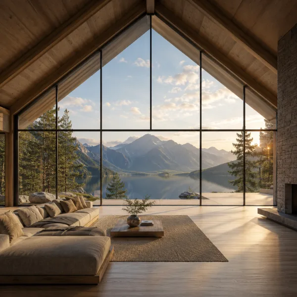Floor to Ceiling Glass Vaulted Living Room with Nature Views Styled to Glow the Floor to Ceiling Glass Vaulted Living Room with Nature Views