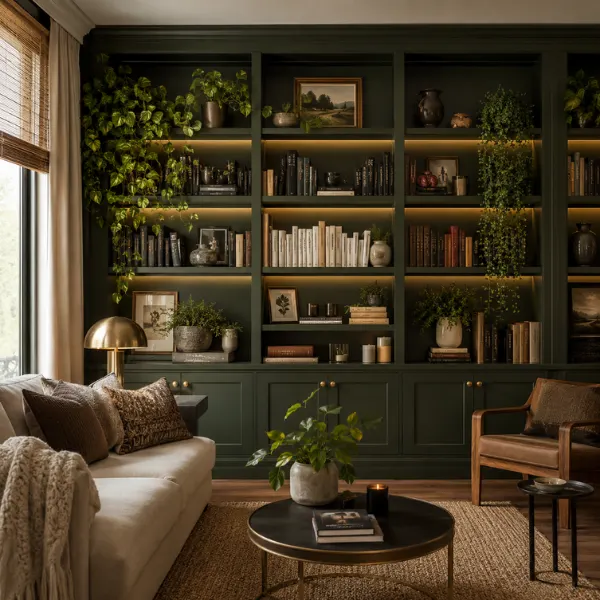 Floor to Ceiling Green Built in Bookshelves Styled to Glow Floor-to-Ceiling Green Built-in Bookshelves