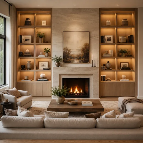 Floor to Ceiling Shelves Around a Fireplace Styled to Glow the Floor to Ceiling Shelves Around a Fireplace