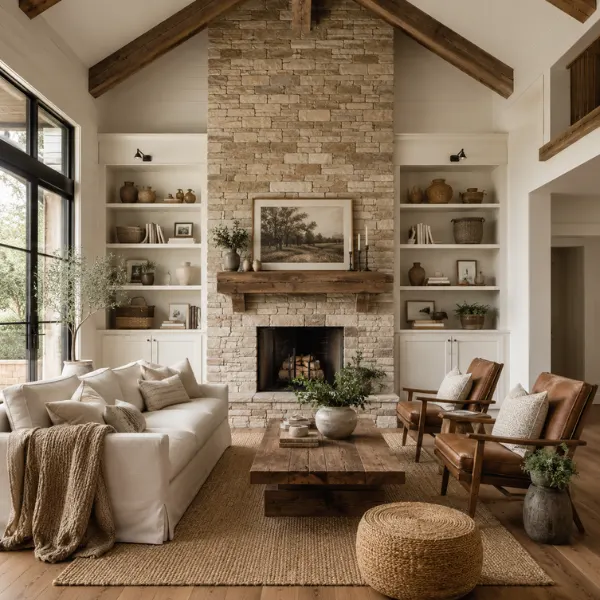 Floor to Ceiling Stone Fireplace with Built In Shelving Styled to Glow the Floor to Ceiling Stone Fireplace with Built In Shelving